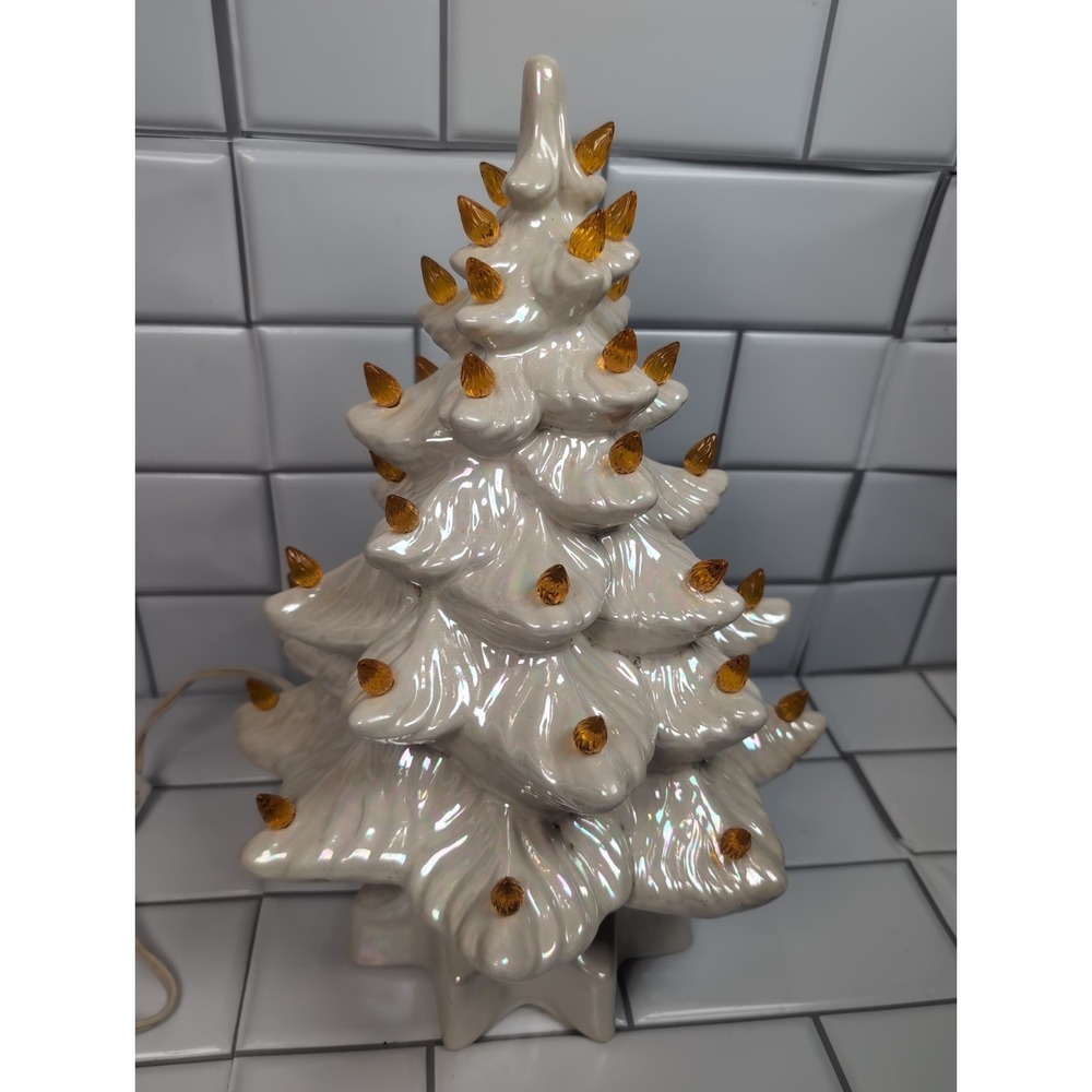 13" Vintage Ceramic Lighted Christmas Tree Lusterware White W/Gold  Bulbs - Picture 14 of 16